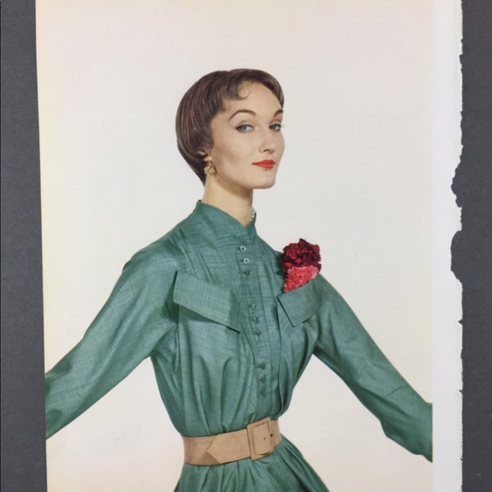 ! 1 Page/2 Sides from VTG 1951 Photo Book, Model in Green, French Village Scene